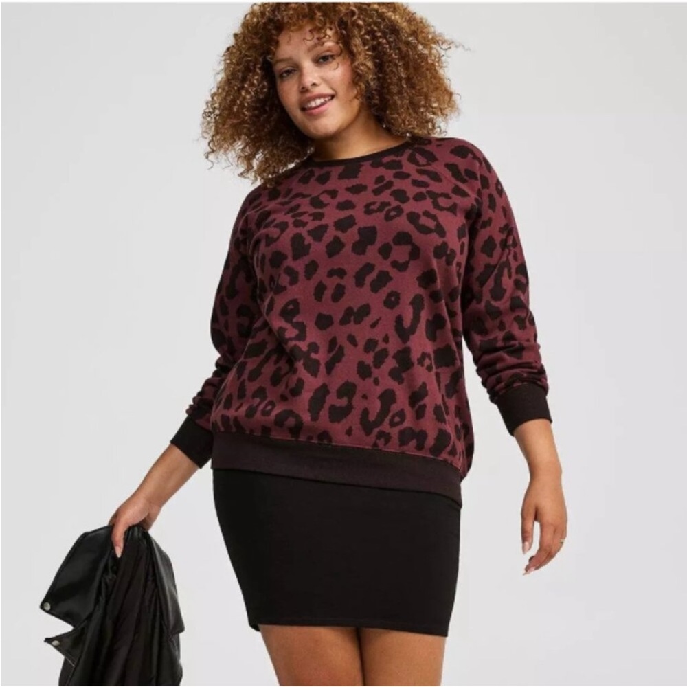 Torrid Cozy Fleece Crew Neck Raglan Sweater - Burgundy Leopard Print Size 3 NWT